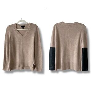 J. Crew V-Neck Wool and Cashmere Blend Sweater Leather Panels in Camel Size XS